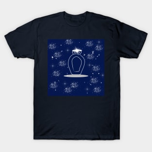 Bottle, perfume, perfumery with dark blue color background T-Shirt